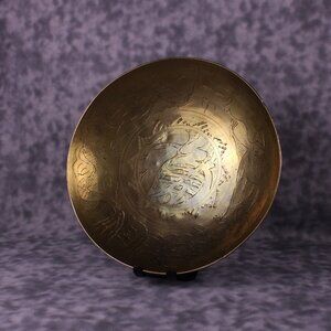 Vintage Chinese Brass Decorative Plate‎ Crane Dragon Etched 11"